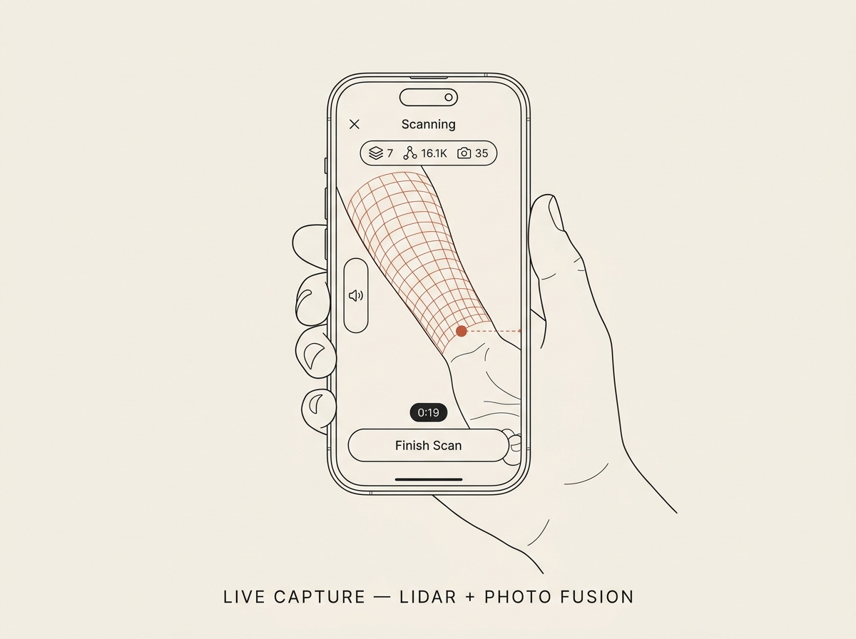 Editorial line drawing of an iPhone 16 Pro held in an artist&rsquo;s hand. The screen shows the NextTat Scanning view: a forearm being captured with a terracotta-rust LiDAR wireframe overlay, the &lsquo;Finish Scan&rsquo; button at the bottom, and the elapsed-time pill reading 0:19.