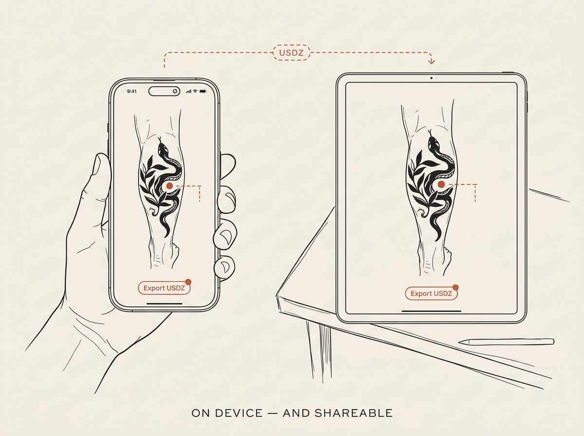 Editorial line drawing of the same captured calf shown twice: on an iPhone 16 Pro held in a client&rsquo;s hand and on an iPad Pro resting on a studio bench. Both screens show a bold black snake-and-botanical tattoo design wrapping the calf&rsquo;s curve, with &lsquo;Export USDZ&rsquo; pill buttons and a dashed terracotta &lsquo;USDZ&rsquo; connector between the two devices.