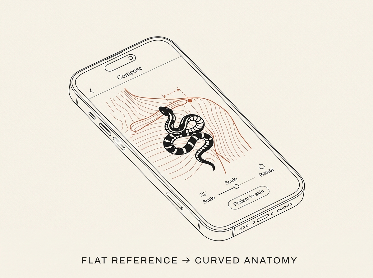 Editorial line drawing of an iPhone 16 Pro showing the NextTat Compose view: a bold black traditional-flash snake design warping onto a terracotta contour-line topology of a captured shoulder, with Scale and Rotate controls and a &lsquo;Project to skin&rsquo; button at the bottom.